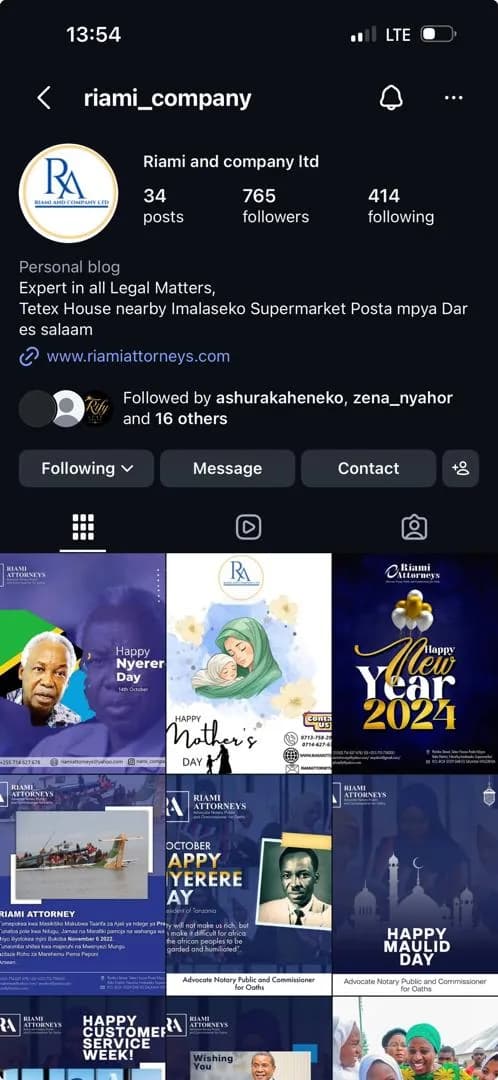 Riami Attorneys company Instagram profile preview